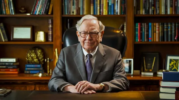 Warren Buffett assis à son bureau, les mains croisées, devant une bibliothèque bien garnie.