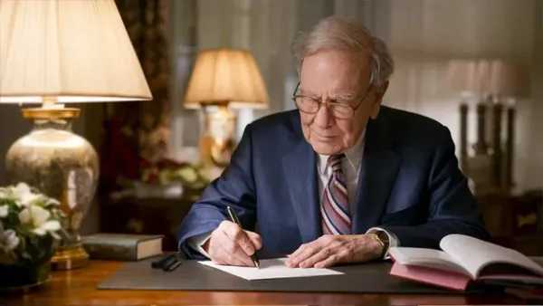 Warren Buffett, assis à son bureau, rédigeant un document avec un stylo, entouré de lampes et de livres.